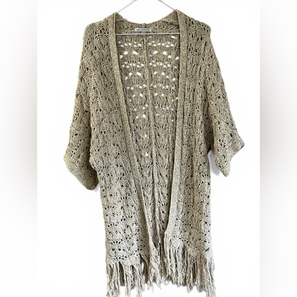 Open-Front Crochet Fringe Cardigan Sweater - Taupe